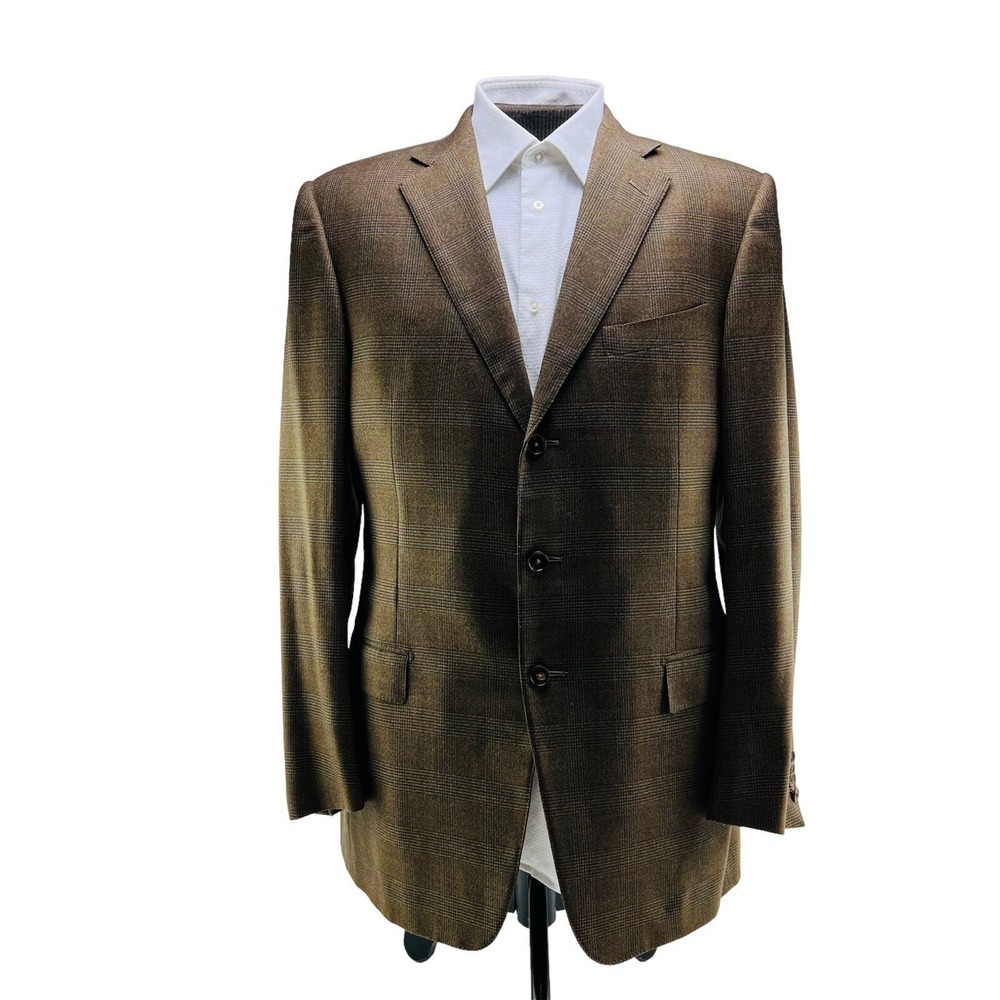 Ermenegildo Zegna Brown & Blue Glen Plaid 3 Button 2 Vent Blazer Mens Size 44L